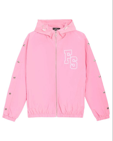 A pink hooded zip-up jacket with a white 'FS' monogram on the chest, silver snap details on the sleeves, and elastic cuffs, shown against a plain white background.