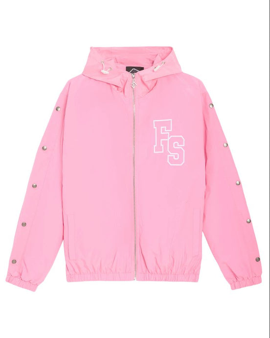 A pink hooded zip-up jacket with a white 'FS' monogram on the chest, silver snap details on the sleeves, and elastic cuffs, shown against a plain white background.