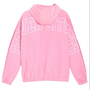 A pink hooded windbreaker jacket shown from the back, featuring large white outline text reading 'FOREVER SITUATED' across the upper back and sleeves, on a plain white background.
