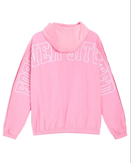 A pink hooded windbreaker jacket shown from the back, featuring large white outline text reading 'FOREVER SITUATED' across the upper back and sleeves, on a plain white background.