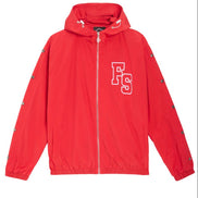 A bright red hooded zip-up jacket with a white 'FS' monogram on the left chest, displayed flat against a solid white background.