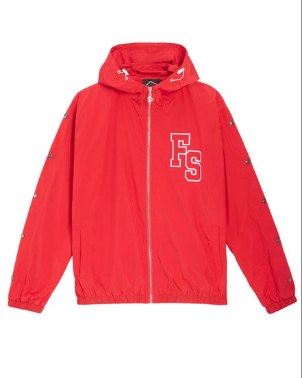 A bright red hooded zip-up jacket with a white 'FS' monogram on the left chest, displayed flat against a solid white background.