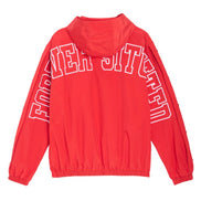 A bright red hooded windbreaker jacket shown from the back, featuring large white arched collegiate-style text reading 'FOREVER SITUATED' printed across the upper back and down both sleeves.