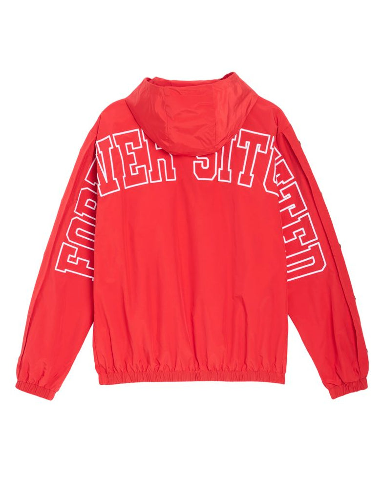 A bright red hooded windbreaker jacket shown from the back, featuring large white arched collegiate-style text reading 'FOREVER SITUATED' printed across the upper back and down both sleeves.