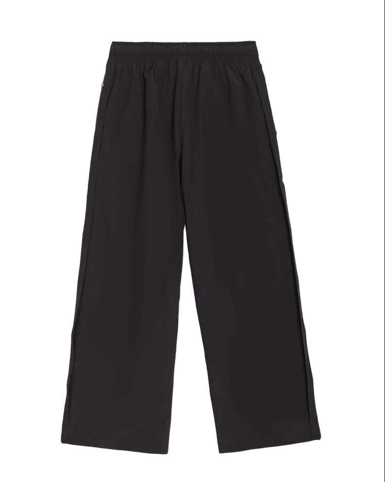 Black wide-leg cropped pants with an elastic waistband, displayed flat against a solid white background.