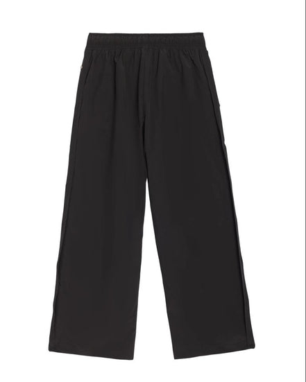 Black wide-leg cropped pants with an elastic waistband, displayed flat against a solid white background.
