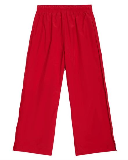 Bright red wide-leg cropped pants with an elastic waistband, shown flat against a solid white background.
