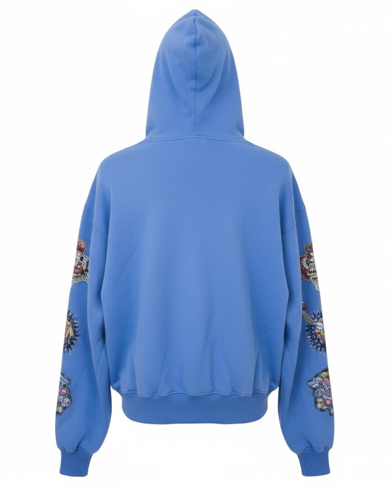 Blue hoodie with floral patterns on sleeves against a white background
