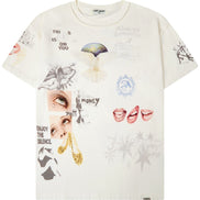 An off-white graphic t-shirt featuring a collage of artistic prints including a butterfly, a woman's eye, lips, gold earrings, and text, shown flat on a white background.
