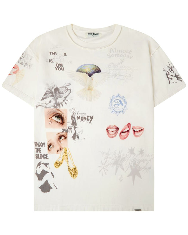 An off-white graphic t-shirt featuring a collage of artistic prints including a butterfly, a woman's eye, lips, gold earrings, and text, shown flat on a white background.