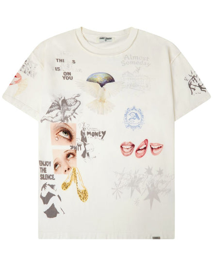 An off-white graphic t-shirt featuring a collage of artistic prints including a butterfly, a woman's eye, lips, gold earrings, and text, shown flat on a white background.