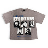 A faded gray short-sleeve t-shirt featuring a distressed graphic print of the band 'Mixed Emotion'. The graphic includes the band's name in blue and white, six black-and-white portrait photos of band members, and the text 'EMOTIONS LIVES FOREVER' at the bottom.