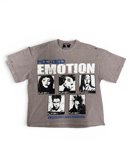 A faded gray short-sleeve t-shirt featuring a distressed graphic print of the band 'Mixed Emotion'. The graphic includes the band's name in blue and white, six black-and-white portrait photos of band members, and the text 'EMOTIONS LIVES FOREVER' at the bottom.