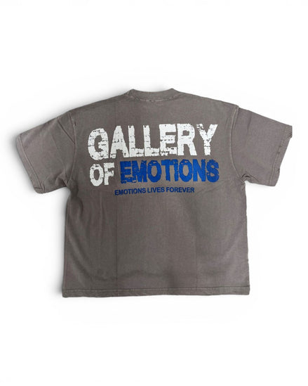 A gray short-sleeve t-shirt shown from the back, featuring a distressed graphic print that reads 'GALLERY OF EMOTIONS' in white and blue, with 'EMOTIONS LIVES FOREVER' printed below in blue.