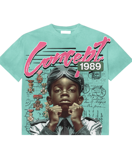 T-shirt with a graphic design of a child wearing a helmet and text 'Concept 1989' on a light blue background.