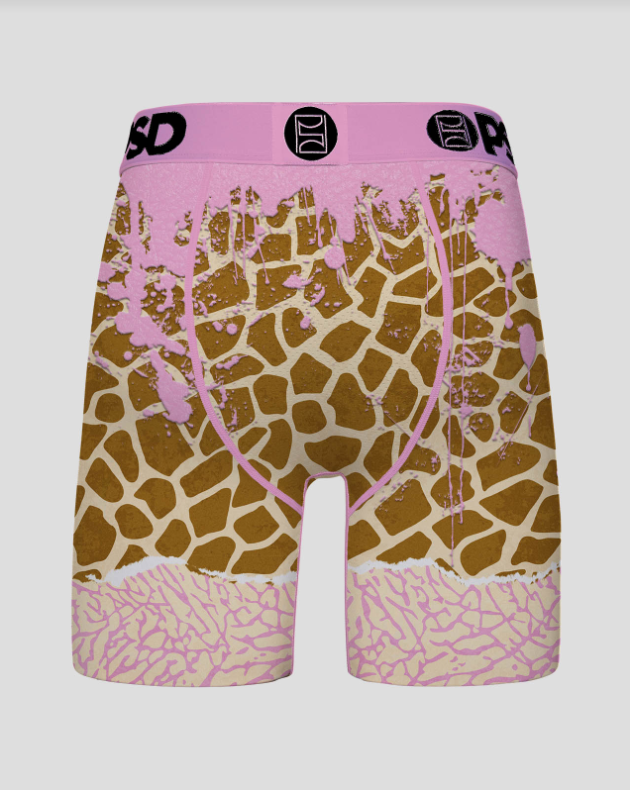 Pink and brown patterned shorts with a visible brand logo on a white background