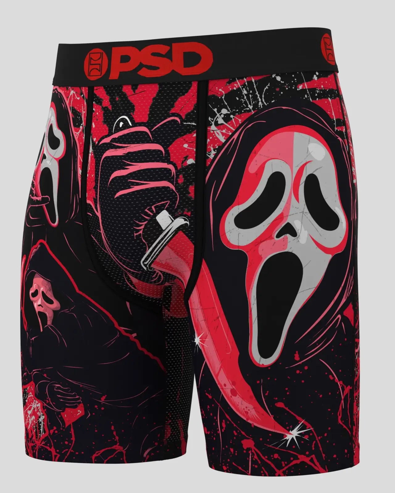 Black and red shorts with a scream mask design on a white background