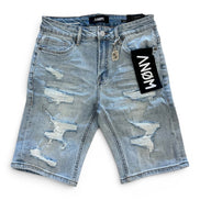 Distressed denim shorts with a brand tag on a white background