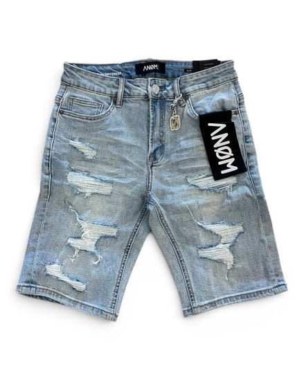 Distressed denim shorts with a brand tag on a white background