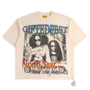 Beige t-shirt with graphic design featuring two women and text on a white background