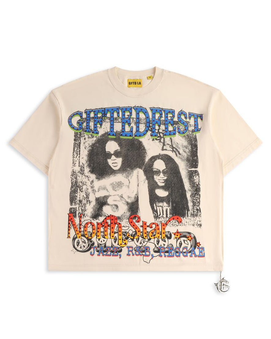 Beige t-shirt with graphic design featuring two women and text on a white background