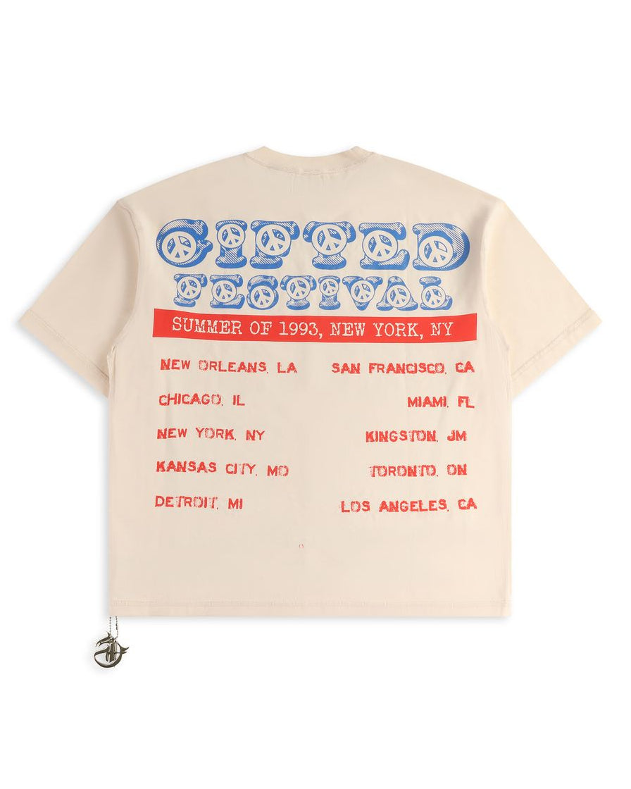 Beige t-shirt with blue and red text on a white background