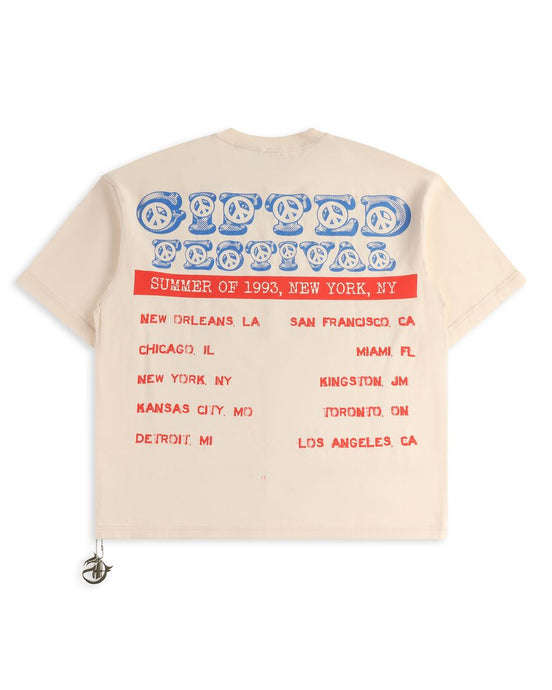 Beige t-shirt with blue and red text on a white background