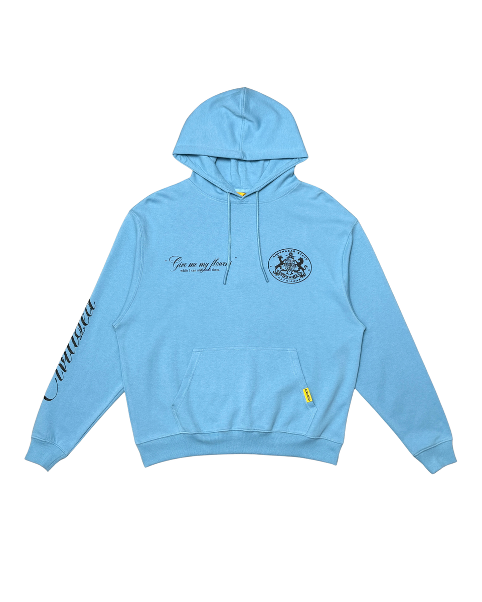 Light blue hoodie with text and logo on a white background