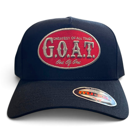 A black baseball cap featuring a red oval embroidered patch on the front with 'G.O.