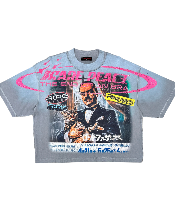 Gray t-shirt with graphic design featuring a person in a suit and text on a white background