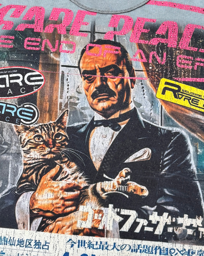 Collage with a man in a tuxedo holding a cat, surrounded by 'Rare Peace' branding.