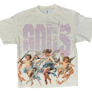 T-shirt with classical angel design and 'Gods' text on a white background