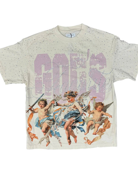 T-shirt with classical angel design and 'Gods' text on a white background