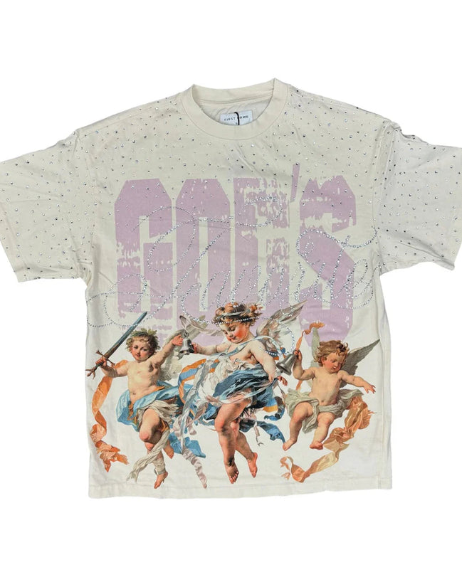 T-shirt with classical angel design and 'Gods' text on a white background