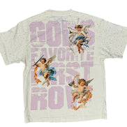 T-shirt with angel graphics and text on a white background