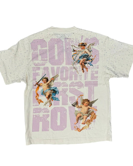 T-shirt with angel graphics and text on a white background