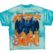 T-shirt with graphic design of a band and text on a light blue background
