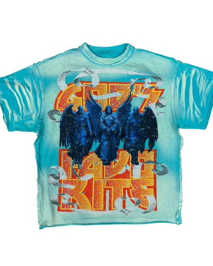 T-shirt with graphic design of a band and text on a light blue background