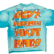 T-shirt with colorful text design on a white background