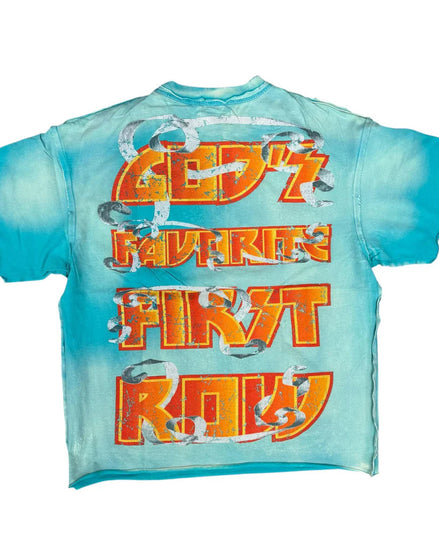 T-shirt with colorful text design on a white background