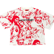 White t-shirt with red graphic design and 'Wrathboy' logo on a white background