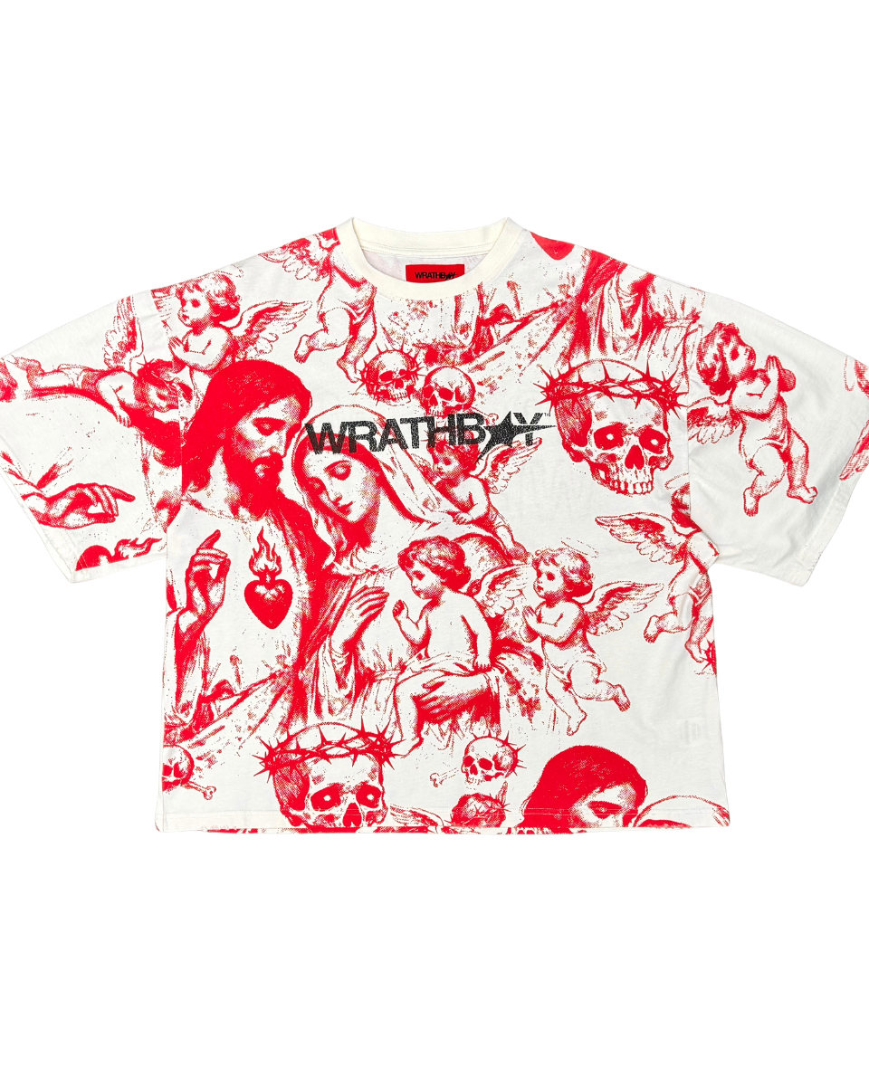 White t-shirt with red graphic design and 'Wrathboy' logo on a white background