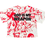 T-shirt with red and black graphic design and 'GOD IS MY WEAPON' text on a white background