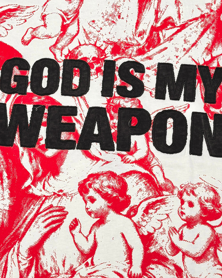 Text 'GOD IS MY WEAPON' over red and black illustrations of cherubs and religious figures.