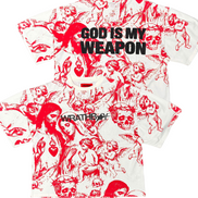 T-shirt with graphic design and text 'GOD IS MY WEAPON' and 'WRATHBOY' on a white background