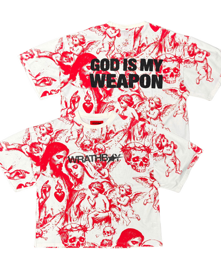 T-shirt with graphic design and text 'GOD IS MY WEAPON' and 'WRATHBOY' on a white background