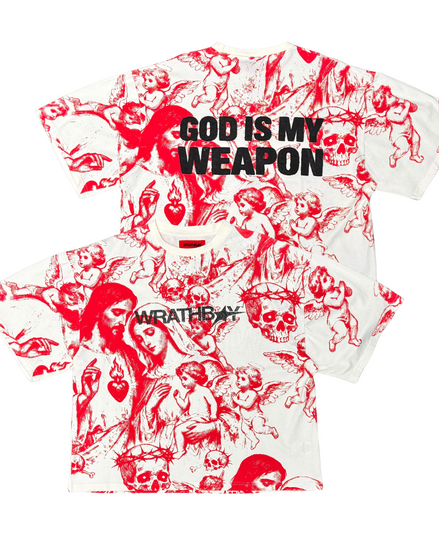 T-shirt with graphic design and text 'GOD IS MY WEAPON' and 'WRATHBOY' on a white background