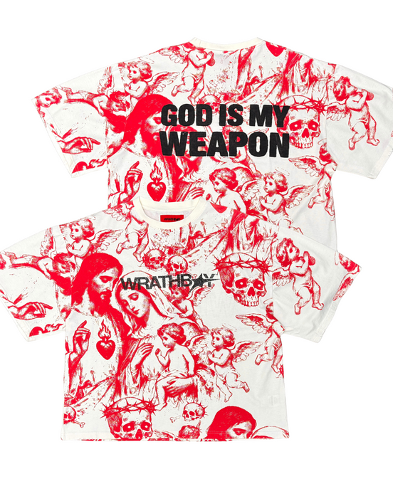 T-shirt with graphic design and text 'GOD IS MY WEAPON' and 'WRATHBOY' on a white background