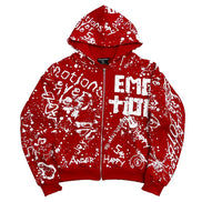 red full zip hoodie with white graffiti designs all over including the brand name Mixed Emotions.