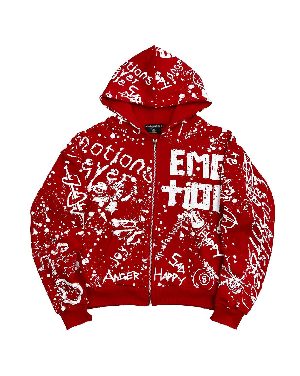 red full zip hoodie with white graffiti designs all over including the brand name Mixed Emotions.